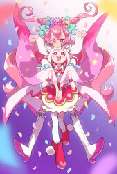 Rule 34 | 2girls, :d, animal ears, blue bow, boots, bow, brooch, bubble skirt, capelet, closed mouth, commentary, cone hair bun, cure precious, cure precious (party up style), delicious party precure, double bun, earrings, floating, fox ears, fox girl, fox tail, hair bow, hair bun, head wreath, heart, heart brooch, highres, hug, hug from behind, jewelry, knee boots, kome-kome (precure) (human), long hair, looking at another, looking up, magical girl, multiple girls, nagomi yui, off-shoulder shirt, off shoulder, open mouth, own hands together, petals, pink eyes, pink hair, precure, purple eyes, red capelet, red footwear, red skirt, shirt, skirt, smile, tail, thighhighs, ton (ton39342104), twintails, two side up, very long hair, watch, white thighhighs, wristband, wristwatch