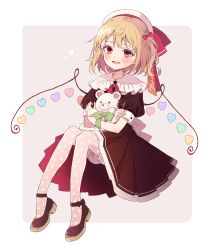 Rule 34 | 1girl, black dress, blonde hair, bloomers, blush, character name, cherry hair ornament, cherry print, crossed arms, dress, fang, flandre scarlet, food-themed hair ornament, food print, frilled shirt collar, frills, hair between eyes, hair ornament, hat, hat ribbon, heart, heart wings, highres, holding, holding stuffed toy, looking at viewer, pink legwear, puffy short sleeves, puffy sleeves, red eyes, red neckwear, red ribbon, ribbon, shoes, short hair, short sleeves, side ponytail, skin fang, solo, stuffed animal, stuffed toy, teddy bear, touhou, touya (konpekitou), underwear, wings