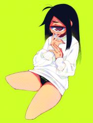 Rule 34 | 1girl, ahoge, black hair, black panties, closed mouth, cropped legs, cyclops, dated, green background, halftone, hands up, highres, invisible chair, long hair, long sleeves, looking at viewer, muku-chan (muroku), muroku (aimichiyo0526), one-eyed, original, panties, reclining, red eyes, signature, simple background, sitting, solo, sweater, underwear, white sweater, x x