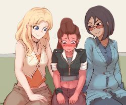 Rule 34 | 3girls, age difference, black eyes, black hair, blonde hair, blue eyes, blush, breasts, brown eyes, brown hair, cleavage, closed mouth, collarbone, couch, couple, dark-skinned female, dark skin, embarrassed, facing another, faunus (rwby), freckles, girl sandwich, glasses, happy, height difference, high ponytail, hiwonoafu, ilia amitola, indoors, jacket, large breasts, long hair, long sleeves, looking at another, looking down, matching hair/eyes, mature female, medium breasts, midriff, multiple girls, navel, nervous, pants, parody, ponytail, room, rwby, sandwiched, saphron cotta-arc, shirt, short hair, short sleeves, sitting, sleeveless, sleeveless shirt, smile, terra cotta-arc, vest, wife and wife, yuri, zipper