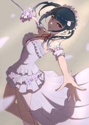 Rule 34 | 1girl, absurdres, armpits, black hair, bouquet, breasts, brown hair, choker, detached sleeves, flower, frilled shirt, frills, hair flower, hair ornament, hairband, highres, holding, holding bouquet, holding sword, holding weapon, kaekae kaeru, large breasts, layered skirt, lolita hairband, looking at viewer, miniskirt, nijisanji, official alternate costume, open mouth, outstretched arms, petals, red ribbon, ribbon, shirt, sidelocks, skirt, solo, strapless, strapless shirt, sword, tube top, twintails, virtual youtuber, weapon, white choker, white flower, white hairband, white shirt, white skirt, yamagami karuta