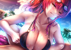 Rule 34 | 1boy, 1girl, akeyama kitsune, azur lane, bikini, black bikini, breasts, breasts squeezed together, goggles, goggles on head, half-closed eyes, hetero, large breasts, licking lips, long hair, looking at viewer, official alternate costume, paizuri, red hair, side ponytail, swimsuit, tongue, tongue out, zara (azur lane), zara (poolside coincidence) (azur lane)