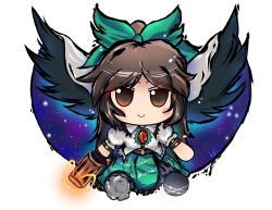 Rule 34 | 1girl, arm cannon, armband, asymmetrical footwear, belt, bird wings, black wings, blush, bow, brown eyes, brown hair, cape, chibi, collared shirt, commentary, english commentary, frilled skirt, frills, full body, fumo (doll), green bow, green skirt, grey footwear, hair bow, highres, lis (lislisette), long hair, looking at viewer, mismatched footwear, no nose, official style, parted bangs, puffy short sleeves, puffy sleeves, reiuji utsuho, shirt, shoes, short sleeves, signature, simple background, single shoe, sitting, skirt, smile, solo, starry sky print, third eye, tokiame (style), touhou, sunken fossil world, weapon, white background, white cape, white shirt, wings