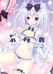 Rule 34 | 1girl, :o, animal ears, babydoll, black bow, blue hair, blue panties, blush, bow, bow panties, braid, breasts, bridal garter, cat ears, cat girl, cat tail, cleavage, collar, commentary request, cup, detached collar, fang, fingernails, frilled babydoll, frilled collar, frilled gloves, frilled panties, frilled pillow, frills, gloves, hair between eyes, hair bow, hair ornament, heart, heart hair ornament, heart-shaped pillow, himemiya niina, holding, holding cup, long hair, medium breasts, open mouth, original, panties, pillow, red eyes, see-through, single glove, sitting, solo, star (symbol), tail, tea, teacup, twin braids, underwear, underwear only, very long hair, white collar, white gloves, wrist cuffs