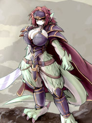 Rule 34 | 57mm, armor, dragon girl, gradient background, granberia, highres, serious, sword, weapon