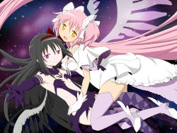 Rule 34 | 10s, 2girls, :d, absurdly long hair, akemi homura, akuma homura, argyle, argyle clothes, argyle legwear, bare shoulders, black gloves, black hair, black wings, bow, choker, dress, elbow gloves, feathered wings, gloves, hair bow, hand on another&#039;s hip, high heels, kaname madoka, long hair, looking at viewer, mahou shoujo madoka magica, mahou shoujo madoka magica: hangyaku no monogatari, multiple girls, oman (evld), open mouth, outstretched arm, pink hair, purple eyes, smile, space, spoilers, star (sky), thighhighs, two side up, ultimate madoka, very long hair, white gloves, wings, yellow eyes, yuri, zettai ryouiki