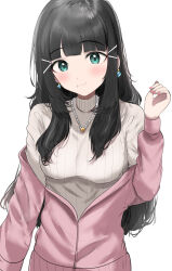 Rule 34 | 1girl, absurdres, alternate hair length, alternate hairstyle, aqua eyes, black hair, blunt bangs, blush, breasts, commentary request, earrings, hair ornament, hairclip, highres, jacket, jewelry, kurosawa dia, long hair, long sleeves, looking at viewer, love live!, love live! sunshine!!, medium breasts, mole, mole under mouth, nail, necklace, partially unzipped, pink jacket, ribbed sweater, simple background, smile, solo, sunya (honorin-yuunibo), sweater, tie clip, turtleneck, turtleneck sweater, upper body, white background, white sweater, zipper