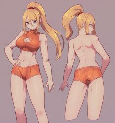 Rule 34 | 1girl, ass, backboob, bare legs, blonde hair, blue eyes, breasts, cleavage, cleavage cutout, closed mouth, clothing cutout, crop top, cropped legs, grey background, hand on own hip, high ponytail, highres, lamb-oic029, large breasts, long hair, looking at viewer, metroid, midriff, multiple views, navel, nintendo, orange shorts, orange sports bra, samus aran, short shorts, shorts, simple background, sports bra, stomach, thighs, topless
