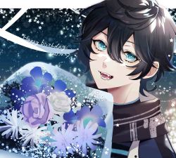 Rule 34 | 1boy, axia krone, black hair, blue background, blue eyes, bouquet, fangs, flower, highres, looking at viewer, looking to the side, male focus, nijisanji, pale skin, smile, solo, sorano, star (symbol), virtual youtuber