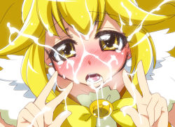 Rule 34 | 10s, 1girl, blonde hair, blush, bow, brooch, cum, cure peace, double v, drooling, earrings, facial, full-face blush, jewelry, kise yayoi, long hair, looking at viewer, magical girl, mikagami sou, open mouth, precure, ribbon, sketch, smile precure!, solo, upper body, v, yellow eyes