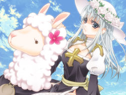 Rule 34 | 1girl, arch bishop (ragnarok online), black dress, blue eyes, blue sky, cleavage cutout, closed mouth, clothing cutout, cloud, commentary request, cross, day, dress, dutch angle, fishnet thighhighs, fishnets, flower, flower in mouth, hair between eyes, hat, hat flower, juliet sleeves, llama, long hair, long sleeves, looking at viewer, nia (littlestars), outdoors, puffy sleeves, ragnarok online, sash, sky, sun hat, thighhighs, two-tone dress, upper body, white dress, white flower, white hair, white headwear, white thighhighs, yellow sash