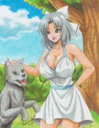 Rule 34 | 1girl, 2022, absurdres, animal, blue eyes, bow, breasts, bush, cleavage, commission, day, dog, dress, grass, grey hair, hair bow, hand on own hip, happy, highres, huge breasts, large breasts, outdoors, ravernclouk design, senran kagura, sky, tongue, tongue out, tree, white dress, yumi (senran kagura)