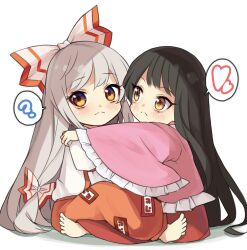 Rule 34 | 2girls, :&lt;, ?, baggy pants, barefoot, black hair, blush, bow, chibi, closed mouth, commentary request, frilled sleeves, frills, fujiwara no mokou, grey hair, hair bow, heart, highres, houraisan kaguya, hug, long hair, looking at another, multiple girls, orange eyes, pants, red pants, red skirt, shirt, skirt, spoken heart, spoken question mark, suspenders, tatuhiro, touhou, two-tone bow, white shirt, wide sleeves