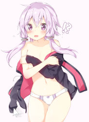 Rule 34 | !?, 1girl, bad id, bad pixiv id, beige background, blush, bow, bow panties, collarbone, covering chest, covering privates, cowboy shot, cursor, embarrassed, hair between eyes, highres, hood, hoodie, kamioka shun&#039;ya, long hair, looking at viewer, low twintails, navel, no bra, open clothes, open hoodie, open mouth, panties, purple bow, purple eyes, purple hair, solo, thighs, twintails, underwear, underwear only, vocaloid, voiceroid, white panties, yuzuki yukari