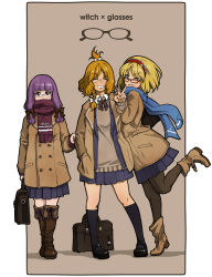Rule 34 | 3girls, ;d, alice margatroid, alternate costume, alternate hairstyle, bag, bespectacled, black footwear, black socks, blonde hair, blue eyes, blue skirt, blunt bangs, boots, border, bow, braid, brown background, brown coat, brown footwear, brown legwear, buttons, clothes grab, coat, contemporary, covered mouth, double-breasted, eyelashes, facing viewer, female focus, fringe trim, glasses, grin, hair bow, hair over shoulder, hair ribbon, hairband, height difference, high ponytail, holding, holding bag, kirisame marisa, knee boots, kneehighs, layered clothes, long hair, long sleeves, looking at viewer, mary janes, mukyuu, multiple girls, no headwear, nobuya, one eye closed, open clothes, open coat, open mouth, outside border, pantyhose, patchouli knowledge, perfect cherry blossom, pleated skirt, purple eyes, purple hair, ribbon, scarf, scarf over mouth, school bag, shoes, short hair, side braid, skirt, sleeve grab, smile, socks, standing, standing on one leg, sweater, touhou, tress ribbon, v, wink