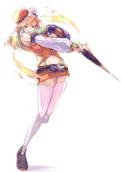 Rule 34 | 1girl, absurdres, belt, beret, black footwear, breasts, chef hat, commentary, detached sleeves, earrings, feather earrings, feathers, fire, full body, hat, highres, holding, holding sword, holding weapon, hololive, hololive english, jewelry, long hair, looking at viewer, medium breasts, mini hat, miniskirt, open mouth, orange hat, orange skirt, orange vest, purple eyes, shoes, simple background, skirt, smile, solo, standing, standing on one leg, suspender skirt, suspenders, sword, takanashi kiara, takanashi kiara (1st costume), thighhighs, thighs, tsumeki, vest, virtual youtuber, weapon, white background, white hat, white thighhighs, zettai ryouiki