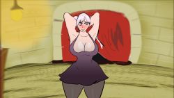 Rule 34 | 1girl, animated, animated gif, black clover, blush, dancing, embarrassed, arms behind head, highres, bouncing breasts, looking away, noelle silva, perverted, purple eyes, shaking hips, silver hair, thick thighs, thighs, tsundere, twintails, yaboi-art