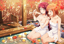 Rule 34 | 2girls, absurdres, ahoge, arm around shoulder, bare shoulders, blush, breasts, closed eyes, collarbone, commentary request, day, fence, food, fruit, highres, kougi hiroshi, leaf, looking at another, love live!, love live! sunshine!!, mandarin orange, maple leaf, medium breasts, multiple girls, naked towel, onsen, open mouth, orange eyes, orange hair, outdoors, parted lips, petals, petals on liquid, red hair, sakurauchi riko, side-by-side, sign, sitting, soaking feet, takami chika, thighs, towel, water, wet, wet hair