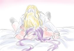 Rule 34 | ayase eli, between legs, black legwear, blonde hair, e len, holding hands, hand on another&#039;s head, love live!, love live! school idol project, multicolored hair, ponytail, purple hair, straddling, sweat, thighhighs, thighs, tojo nozomi, twintails, yuri