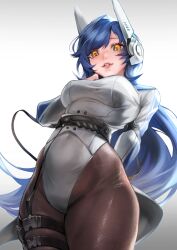 Rule 34 | 1girl, absurdres, blue hair, breasts, brown pantyhose, commission, furutori shaw, girls&#039; frontline, gradient background, headgear, highres, large breasts, looking at viewer, medium breasts, orange eyes, pantyhose, parted lips, skeb commission, solo, tar-21 (girls&#039; frontline), thigh strap