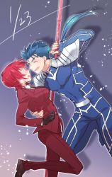 Rule 34 | 1boy, 1girl, armor, bazett fraga mcremitz, black gloves, black neckwear, blue background, blue bodysuit, blue hair, bodysuit, closed eyes, cu chulainn (fate), cu chulainn (fate/stay night), dated, earrings, fate/hollow ataraxia, fate (series), formal, gae bolg (fate), gloves, jewelry, long hair, looking at another, necktie, pant suit, pants, ponytail, ran (ran 0605), red hair, red pants, short hair, shoulder armor, smile, suit