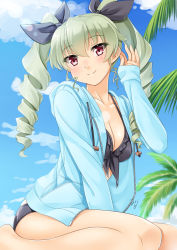 Rule 34 | 10s, 1girl, alternate costume, anchovy (girls und panzer), between legs, bikini, black bikini, blue sky, blush, breasts, cleavage, cloud, cloudy sky, day, drill hair, from side, front-tie top, girls und panzer, green hair, hair between eyes, hair ribbon, hand between legs, hood, hooded jacket, jacket, long hair, long sleeves, looking at viewer, medium breasts, miri (ago550421), palm tree, red eyes, ribbon, sitting, sky, smile, solo, swimsuit, tree, twin drills, twintails