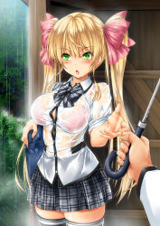 Rule 34 | 1girl, bag, black bow, black bowtie, black skirt, black thighhighs, blonde hair, blush, bow, bowtie, bra, breasts, collared shirt, commentary request, green eyes, hair between eyes, highres, holding, holding umbrella, kamiya tomoe, large breasts, long hair, looking away, moe2022, open mouth, original, outdoors, outstretched arm, pink bra, pink ribbon, plaid, plaid skirt, pleated skirt, pov hand, rain, ribbon, see-through, shirt, shoulder bag, sidelocks, skirt, sleeves rolled up, solo, thighhighs, twintails, umbrella, underwear, wet, wet clothes, wet shirt, white shirt, zettai ryouiki