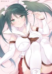 Rule 34 | 1girl, bad id, bad twitter id, bed, breasts, brown neckerchief, commentary request, detached sleeves, green eyes, grey hair, isuzu (kancolle), kantai collection, large breasts, long hair, looking at viewer, lying, neckerchief, one-hour drawing challenge, pleated skirt, red skirt, saiki yuzuri, sailor collar, school uniform, serafuku, skirt, solo, thighhighs, twintails, white sailor collar, white thighhighs
