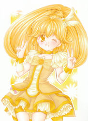 Rule 34 | 10s, 1girl, big hair, bike shorts, bike shorts under skirt, blonde hair, bow, cure peace, double v, floral background, frilled skirt, frills, hair flaps, hair ornament, kise yayoi, long hair, magical girl, marker (medium), one eye closed, ponytail, precure, satsuki (gogotaru), shorts, shorts under skirt, skirt, smile, smile precure!, solo, traditional media, v, wink, yellow bow, yellow eyes, yellow shorts, yellow theme