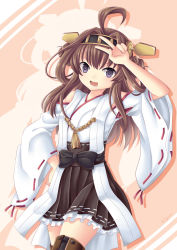 Rule 34 | 10s, 1girl, :d, ahoge, brown hair, detached sleeves, double bun, hairband, hand on own hip, head tilt, highres, kantai collection, kongou (kancolle), long hair, looking at viewer, nontraditional miko, open mouth, pleated skirt, purple eyes, ribbon-trimmed sleeves, ribbon trim, skirt, smile, solo, thighhighs, villyane, zettai ryouiki