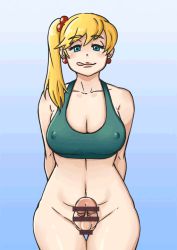 Rule 34 | 1futa, animated, animated gif, aqua eyes, arms behind back, bar censor, bare shoulders, blonde hair, blue eyes, blush, bottomless, bouncing, bouncing breasts, bouncing penis, breasts, censored, cleavage, cowboy shot, cum, earrings, ejaculation, erection, eva (neone), facing viewer, futanari, gradient background, green shirt, jewelry, legs together, licking lips, long hair, looking at viewer, neone, no testicles, open mouth, original, shirt, side ponytail, simple background, smile, solo, tank top, thigh gap, tongue, tongue out