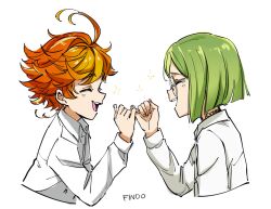 Rule 34 | 2girls, alternate hair color, artist name, blunt ends, closed eyes, collared shirt, emma (yakusoku no neverland), facing another, findoworld, from side, gilda (yakusoku no neverland), green hair, hand up, happy tears, lone nape hair, long sleeves, messy hair, multiple girls, neck tattoo, open mouth, orange hair, pinky swear, round eyewear, shirt, short hair, smile, straight hair, tattoo, tearing up, tears, teeth, upper teeth only, white shirt, wing collar, yakusoku no neverland