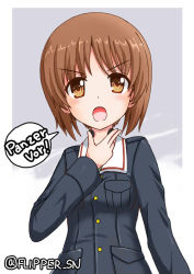 Rule 34 | 1girl, blue jacket, brown eyes, brown hair, commentary, flipper, frown, german text, girls und panzer, hand on own throat, jacket, long sleeves, looking at viewer, military, military uniform, nishizumi miho, one-hour drawing challenge, ooarai military uniform, open mouth, short hair, solo, throat microphone, translated, twintails, uniform, upper body