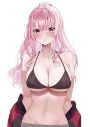 Rule 34 | 1girl, absurdres, bare shoulders, bikini, black bikini, blush, breasts, cleavage, collarbone, highres, hiiragi kirara, hololive, hololive english, jacket, jacket over swimsuit, jacket partially removed, large breasts, long hair, mori calliope, navel, open clothes, open jacket, pink eyes, pink hair, simple background, solo, swimsuit, virtual youtuber, white background