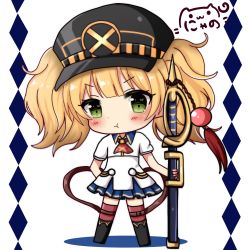 Rule 34 | 1girl, :t, ascot, black footwear, black hat, blonde hair, blue skirt, blush, boots, character request, chibi, closed mouth, commentary request, green eyes, hat, heart, heart in eye, highres, knee boots, military hat, monika weisswind, nyano21, peaked cap, pleated skirt, pout, princess connect!, puffy short sleeves, puffy sleeves, red ascot, red thighhighs, sheath, sheathed, shirt, short sleeves, signature, skirt, solo, standing, sword, symbol in eye, thighhighs, thighhighs under boots, twintails, v-shaped eyebrows, weapon, white shirt
