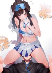 Rule 34 | 1boy, 1girl, absurdres, animal ears, black hair, black shirt, blue archive, blue necktie, blush, breasts, cheerleader, closed mouth, collared shirt, detached collar, dog ears, eyewear on head, facial mark, from above, gloves, halterneck, hibiki (blue archive), hibiki (cheer squad) (blue archive), highres, long hair, medium breasts, millennium cheerleader outfit (blue archive), navel, necktie, open mouth, pleated skirt, pom pom (cheerleading), purple eyes, rororo, safety glasses, sensei (blue archive), shirt, simple background, skirt, star (symbol), white background, white gloves, white skirt