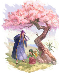 Rule 34 | 1boy, 1girl, :d, arm behind back, backpack basket, basket, black footwear, blue jacket, blue robe, bun cover, cherry blossoms, chinese clothes, closed eyes, dappled sunlight, day, deer (deer423-81), falling petals, flats, flower, grass, green hair, hair bun, hair over shoulder, half updo, hand on own chin, hand up, hanfu, happy, herb, holding, holding flower, jacket, jinshi (kusuriya no hitorigoto), kusuriya no hitorigoto, leaning forward, long sleeves, maomao (kusuriya no hitorigoto), mountainous horizon, nature, open mouth, outdoors, petals, picking flowers, red skirt, robe, sash, single hair bun, skirt, smile, squatting, standing, stroking own chin, sunlight, tree, twintails, under tree, wind