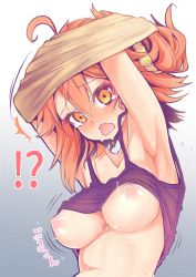 Rule 34 | !?, 1girl, absurdres, ahoge, armpits, arms up, blush, breasts, embarrassed, fate/grand order, fate (series), fujimaru ritsuka (female), hair ornament, hair scrunchie, highres, looking at viewer, medium breasts, nipples, one side up, open mouth, orange eyes, orange hair, scrunchie, short hair, solo, sweat, tank top, undressing, wavy mouth, wisespeak, yellow scrunchie