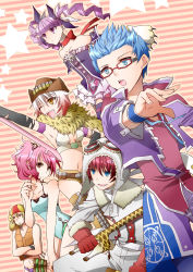 Rule 34 | 3boys, 3girls, alternate costume, alternate hairstyle, asbel lhant, bad id, bad pixiv id, bird, blue eyes, blue hair, brothers, brown eyes, brown hair, casual one-piece swimsuit, cheria barnes, drill hair, feather boa, fuji shoku, fur, giraffe, glasses, gloves, goggles, gothic lolita, gradient hair, hat, highres, hubert ozwell, lolita fashion, malik caesars, multicolored hair, multiple boys, multiple girls, official alternate costume, one-piece swimsuit, pascal (tales), pink hair, purple eyes, purple hair, red hair, siblings, side ponytail, sophie (tales), striped, striped background, swimsuit, tales of (series), tales of graces, twintails, white hair