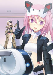 Rule 34 | 2girls, :d, alice gear aegis, black gloves, black skirt, blonde hair, blue eyes, book, bookshelf, breasts, ceiling, ceiling light, creator connection, crossover, dot nose, drone, eyes visible through hair, finger gun, frame arms girl, gloves, gourai, highres, hirasaka yotsuyu, indoors, jacket, looking at viewer, mecha musume, medium hair, midriff, mini person, minigirl, miniskirt, multiple girls, official art, open mouth, panties, pink hair, purple hair, shimada fumikane, size difference, skirt, small breasts, smile, strapless, striped clothes, striped panties, tube top, underwear, watermark