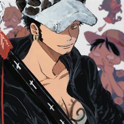 Rule 34 | black hair, earrings, facial hair, fur hat, goatee, hat, hat over one eye, highres, jewelry, looking at viewer, makenevemoiine, male focus, monkey d. luffy, one piece, open clothes, open shirt, sanji (one piece), sheath, sheathed, short hair, smile, solo focus, tattoo, tony tony chopper, trafalgar law