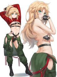 Rule 34 | 1girl, arms up, belly chain, belt, black gloves, blonde hair, blush, boots, braid, breasts, choker, collared shirt, crop top, cropped sweater, fate/apocrypha, fate (series), fingerless gloves, french braid, gloves, green eyes, green pants, hair ornament, hair scrunchie, highres, jewelry, long hair, long sleeves, looking at viewer, mordred (fate), mordred (fate/apocrypha), multiple views, navel, o-ring, pants, parted bangs, ponytail, red scrunchie, red sweater, scrunchie, shirt, short sleeves, shrug (clothing), sidelocks, simple background, small breasts, smile, sweater, tonee, variant set, white shirt