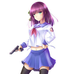Rule 34 | 1girl, absurdres, angel beats!, black thighhighs, blue ribbon, blue sailor collar, blue skirt, blunt bangs, bow, closed mouth, collared shirt, green bow, grey eyes, gun, hair bow, hairband, hand on own hip, handgun, highres, holding, holding gun, holding weapon, long hair, long sleeves, looking at viewer, midriff, miniskirt, navel, neckerchief, pleated skirt, purple hair, purple hairband, red neckerchief, ribbon, sailor collar, sailor shirt, seiya (iiseven), shirt, simple background, skirt, smile, solo, standing, stomach, thighhighs, weapon, white background, white shirt, nakamura yuri, zettai ryouiki