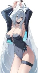 Rule 34 | 05ghxsu, 1girl, absurdres, animal ear fluff, animal ears, arms behind head, blue archive, breasts, choker, cleavage, collarbone, cowboy shot, grey hair, groin, hair between eyes, halo, highres, large breasts, leotard, shiroko (blue archive), shiroko terror (blue archive), skindentation, solo, thigh strap