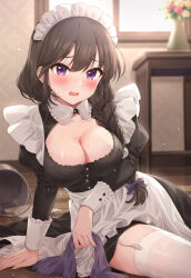 Rule 34 | 1girl, apron, black dress, blush, braid, breasts, brown hair, bucket, cleavage, dress, frilled apron, frills, garter straps, hair ribbon, highres, indoors, large breasts, long hair, long sleeves, looking at viewer, maid, maid apron, maid headdress, mikami nacaba, open mouth, original, purple eyes, ribbon, thighhighs, waist apron, wet, wet clothes, white apron, white thighhighs
