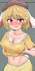 Rule 34 | 1girl, animal ears, blush, breasts, chups, cleavage, cowboy shot, floppy ears, large breasts, looking at viewer, medium breasts, midriff, navel, open mouth, orange shirt, rabbit ears, red eyes, ringo (touhou), shirt, short hair, shorts, solo, sweat, touhou, yellow shirt