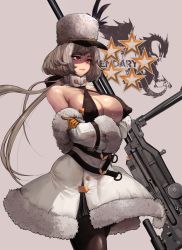 Rule 34 | 1girl, absurdres, arms under breasts, bad id, bad pixiv id, bare shoulders, black pantyhose, braid, breasts, cleavage, coat, covered erect nipples, crossed arms, full body, girls&#039; frontline, gloves, grey hair, gun, happening18, hat, heavy machine gun, highres, kord (girls&#039; frontline), large breasts, long hair, machine gun, pantyhose, parted lips, platinum blonde hair, red eyes, shaded face, smile, solo, standing, weapon, winter clothes, winter coat, yellow gloves