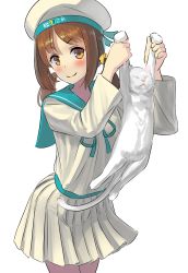 Rule 34 | &gt;:), 10s, 1girl, ao iro, batsubyou, brown eyes, brown hair, cat, cowboy shot, error musume, girl holding a cat (kancolle), highres, kantai collection, long hair, looking at viewer, one eye closed, pleated skirt, school uniform, serafuku, shoshinsha mark, simple background, skirt, smile, solo, twintails, v-shaped eyebrows, white background, white cat, white skirt