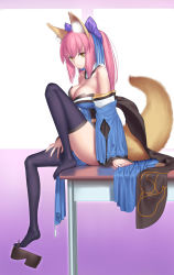 Rule 34 | 10s, 1girl, animal ears, bare shoulders, black thighhighs, breasts, cleavage, detached sleeves, fate/extra, fate (series), feet, fox ears, fox tail, highres, legs, long hair, long legs, no shoes, pink hair, ponytail, shoe dangle, shoes, single shoe, sitting, smile, solo, table, tail, tamamo no mae (fate/extra), thighhighs, thighs, tsukikanade, yellow eyes