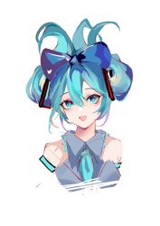 Rule 34 | 1girl, :d, absurdres, bare shoulders, blue bow, blue eyes, blue hair, blue necktie, bow, cinnamiku, collared shirt, cropped torso, grey shirt, hair bow, hatsune miku, highres, looking at viewer, necktie, open mouth, sanrio, shen jiu, shirt, sidelocks, simple background, sleeveless, sleeveless shirt, smile, solo, updo, upper body, vocaloid, white background